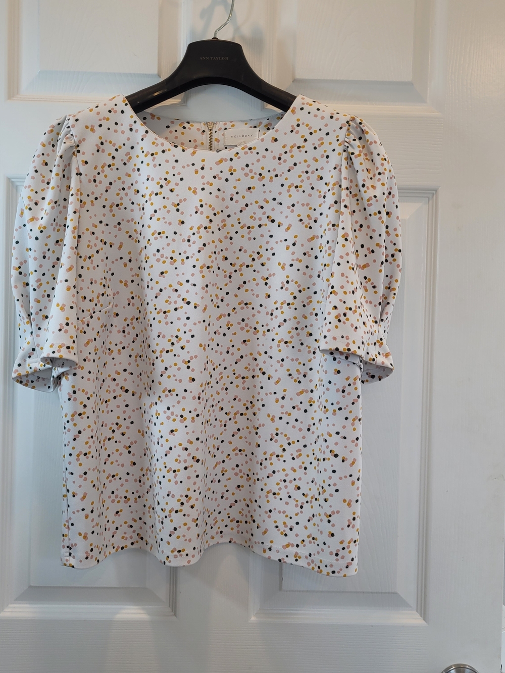 Melloday Boxy Puff Sleeve Dot Print, White with Yellow Pink Brown Flecks Sz XL